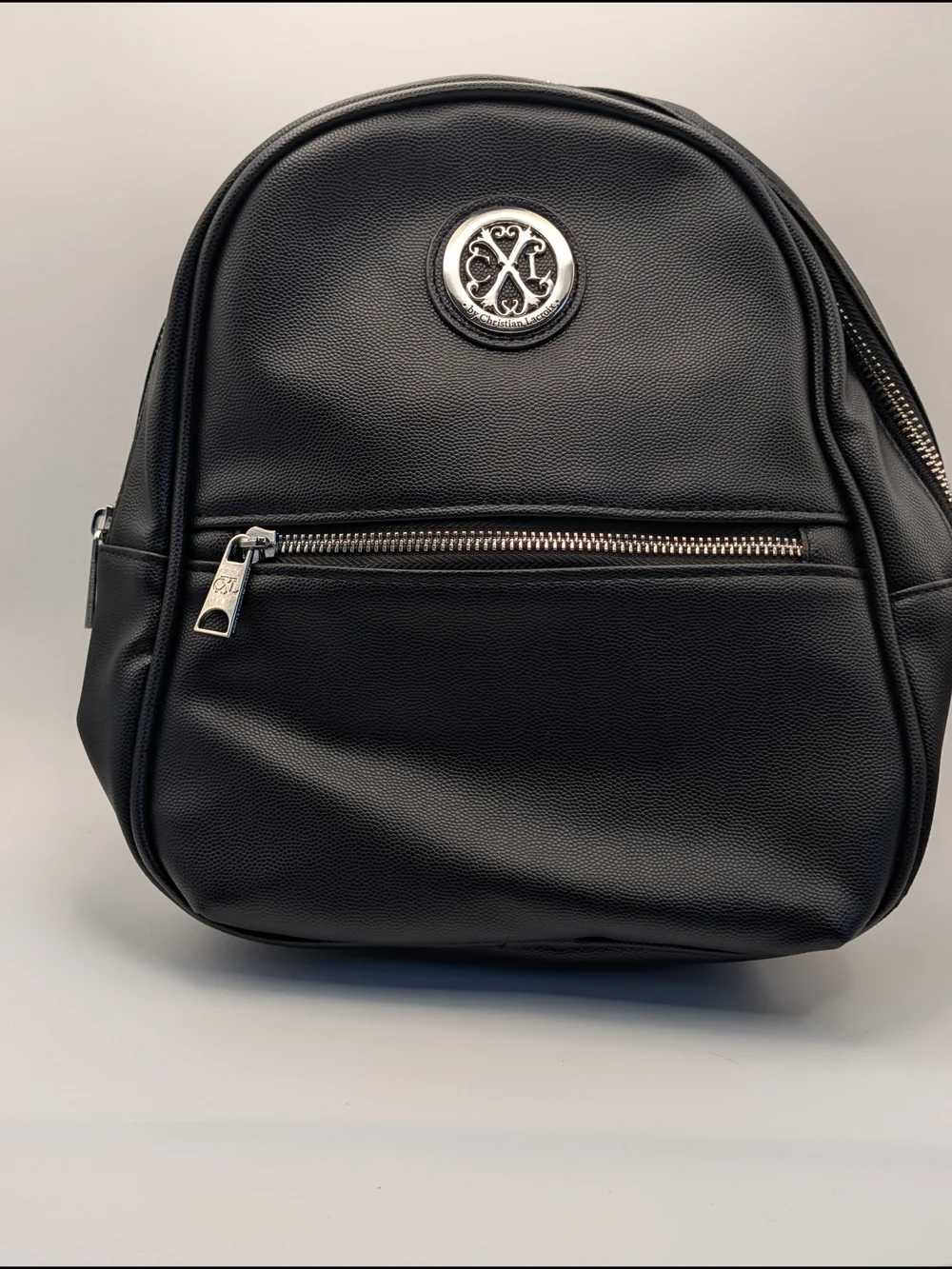 CXL by Christian Lacroix Black Pebbled Backpack Zip Top Silver Hardware